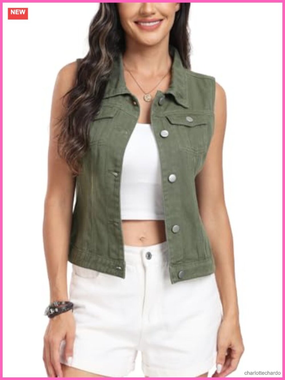 Women's Cropped Denim Vest Sleeveless Jean Jacket with Flap Pockets